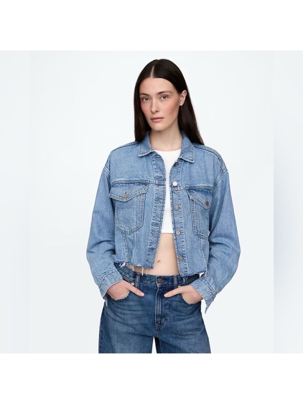 Gap UltraSoft Icon Denim Crop Jean Jacket Shacket Spring Festival Rodeo NWOT
